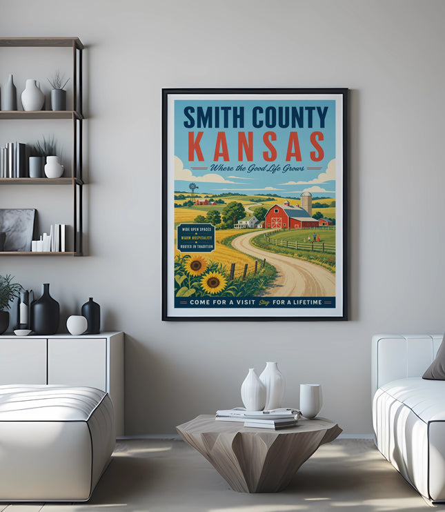 Smith County, Kansas poster with farm, sunflowers, and text about the good life.