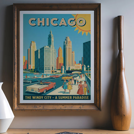 Vintage Chicago skyline with people, cars, and a summer sun.