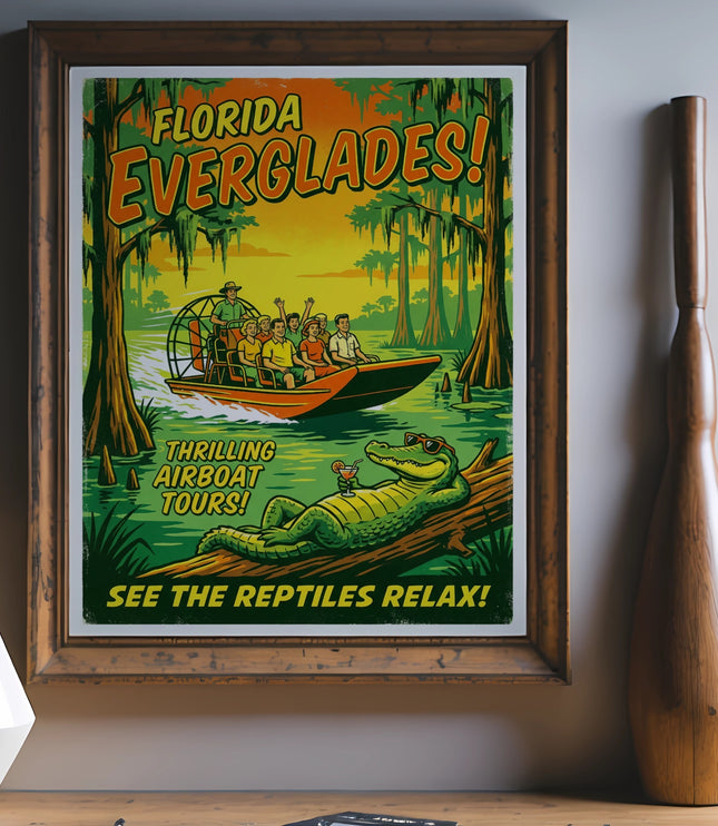 Florida Everglades poster with airboat tour, smiling alligator, and vacation text.