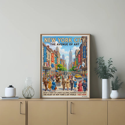 Vintage poster of New York City's Avenue of Art, featuring people and art galleries.