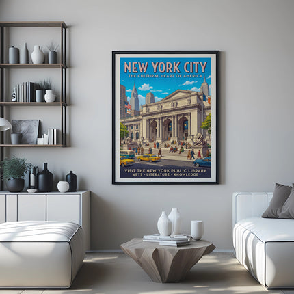 New York City Public Library poster with "The Cultural Heart of America" text.