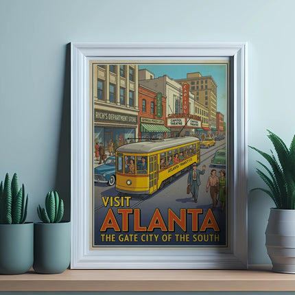 Vintage "Visit Atlanta" poster featuring a yellow trolley car and city street scene.