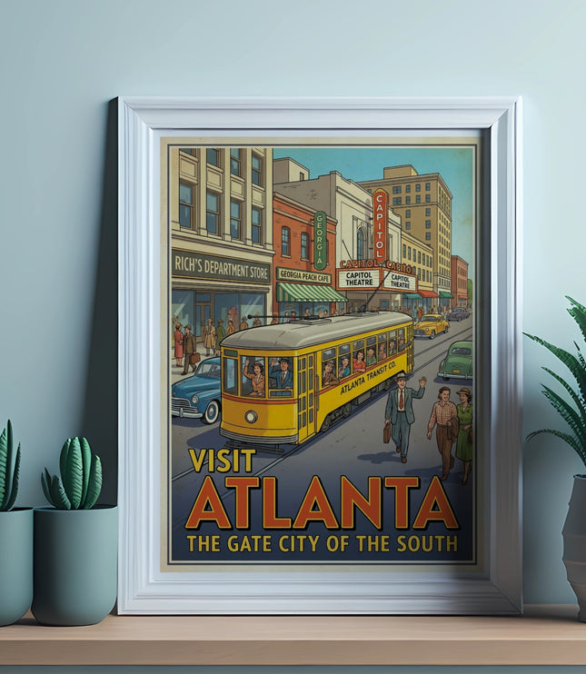 Vintage "Visit Atlanta" poster featuring a yellow trolley car and city street scene.