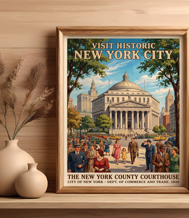 Vintage poster of New York County Courthouse with people and cars.