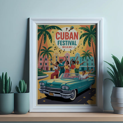 Cuban Festival Miami poster with vintage car and dancing people.