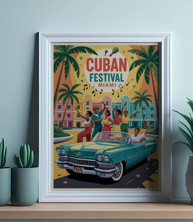 Cuban Festival Miami poster with vintage car and dancing people.