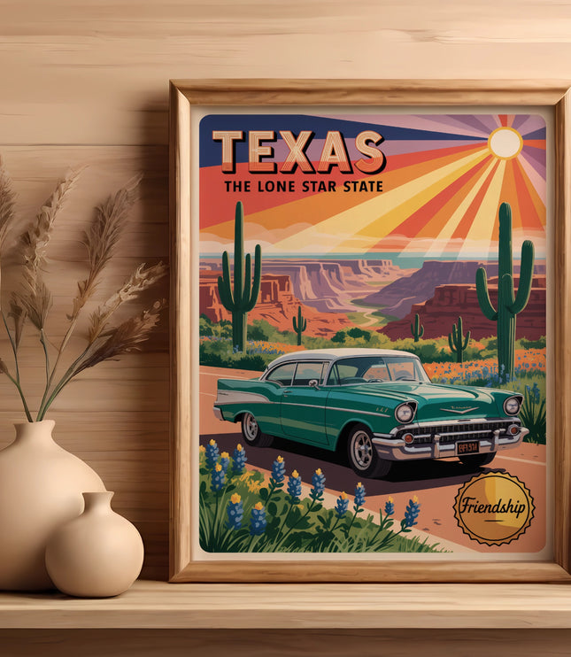 Vintage Texas landscape poster with a green classic car and cacti.
