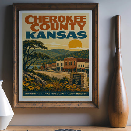 Cherokee County, Kansas vintage travel poster with town scene and text.