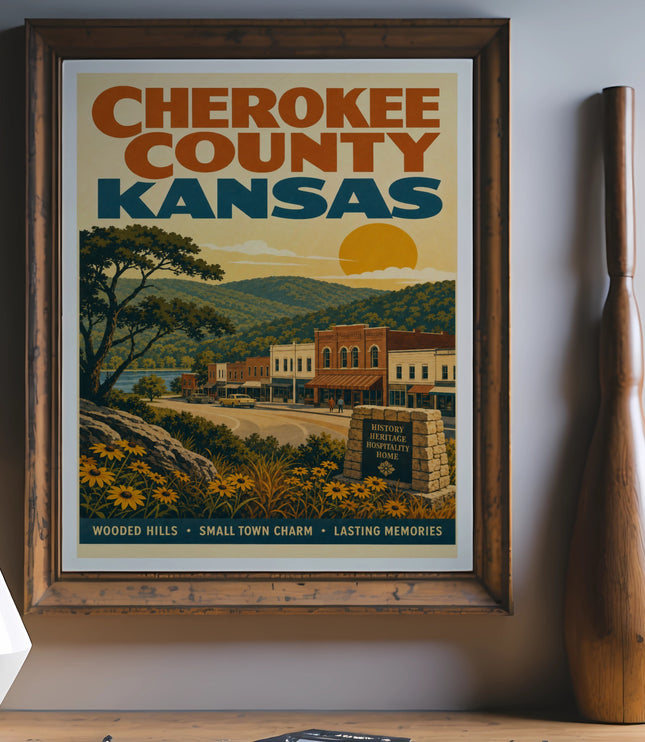 Cherokee County, Kansas vintage travel poster with town scene and text.