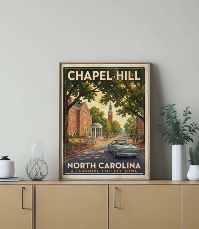 Chapel Hill North Carolina college town vintage travel poster with car and bikes.