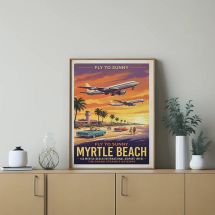 Vintage poster advertising Myrtle Beach with planes, cars, and beachgoers.