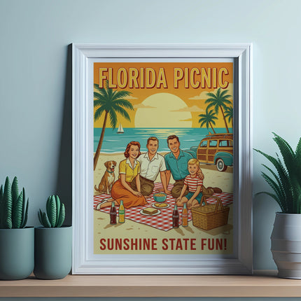 Vintage Florida picnic scene with family, dog, car, and text "Sunshine State Fun!".