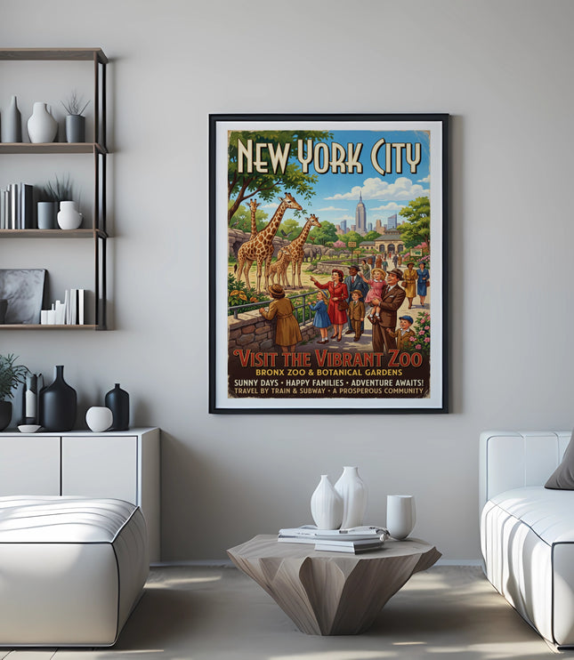 New York City poster featuring giraffes at the Bronx Zoo and botanical gardens.