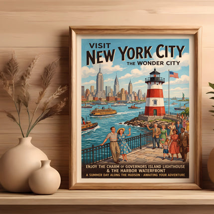 New York City skyline with Governor's Island lighthouse, people on waterfront.