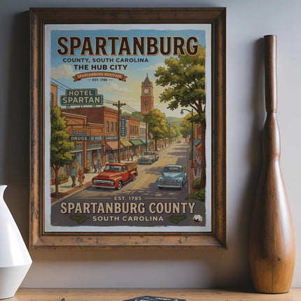 Spartanburg County, South Carolina, Hub City retro travel poster with vintage cars.