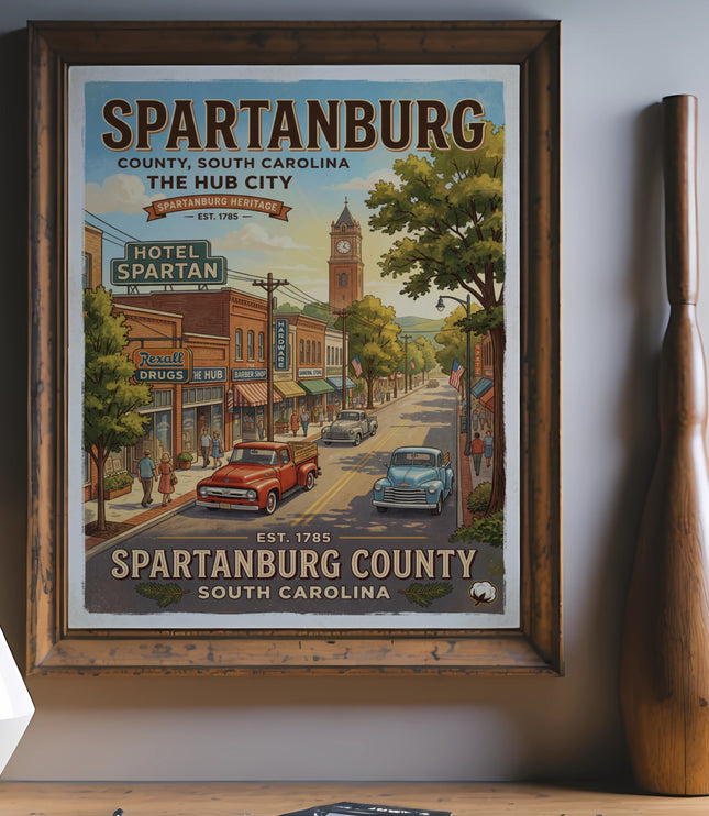 Spartanburg County, South Carolina, Hub City retro travel poster with vintage cars.