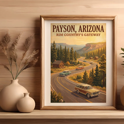 Payson, Arizona Rim Country's Gateway vintage poster with cars on a winding road.
