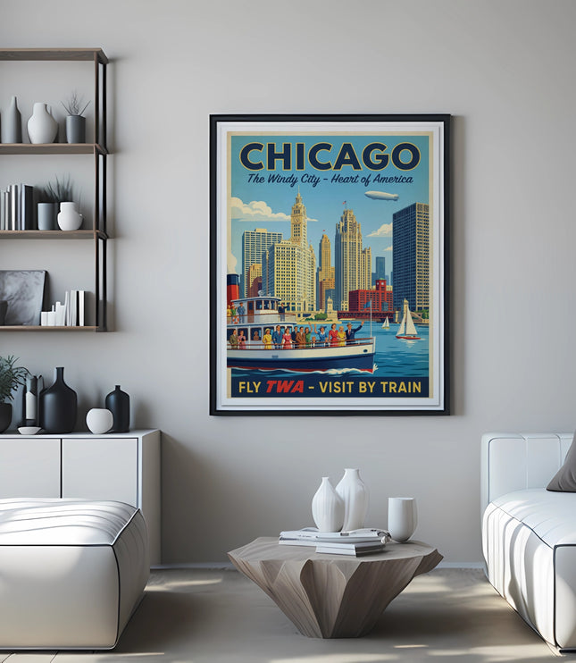 Chicago The Windy City vintage travel poster with skyline, boat, and text.