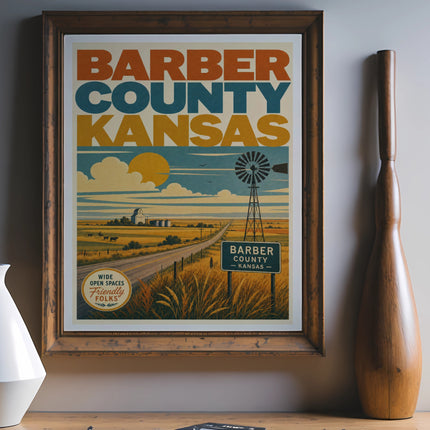 Barber County Kansas travel poster with windmill and farm landscape.