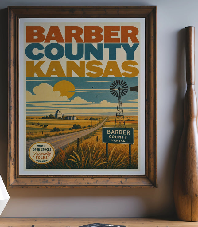 Barber County Kansas travel poster with windmill and farm landscape.