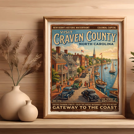 Visit Craven County North Carolina vintage travel poster with waterfront scene and text.