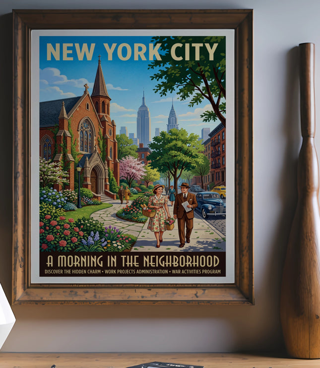 New York City vintage poster of a couple walking past a church and cityscape.
