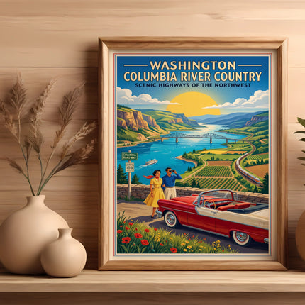 Washington Columbia River Country poster with vintage car, couple, and scenic landscape.