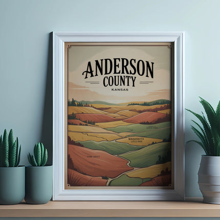 Anderson County, Kansas map with stylized fields and hills, framed.