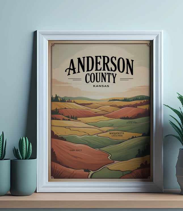Anderson County, Kansas map with stylized fields and hills, framed.