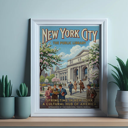 New York City Public Library springtime travel poster with people and buildings.