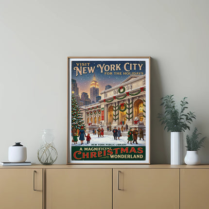 New York Public Library Christmas Wonderland poster with holiday decorations.