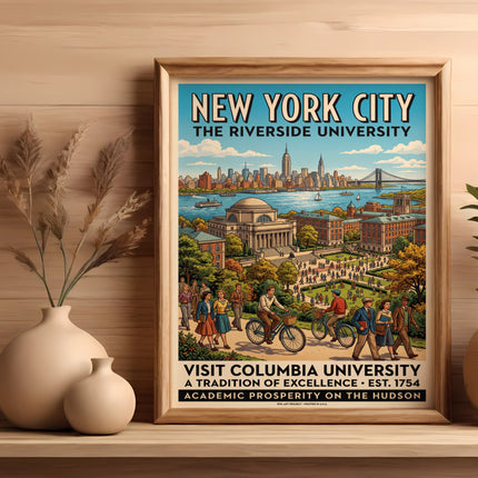 Vintage New York City poster advertising Columbia University and Riverside campus.