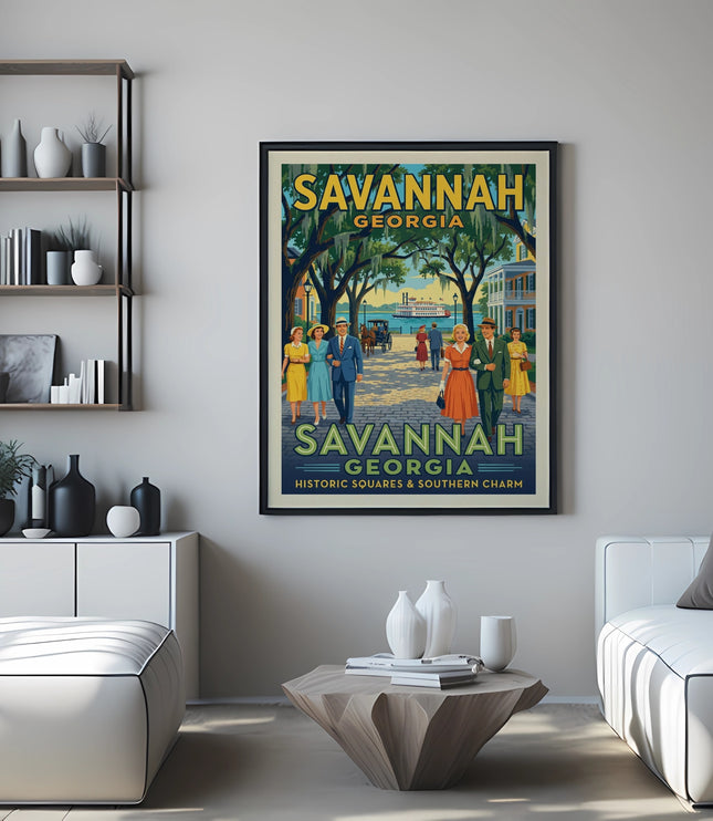 Savannah Georgia vintage travel poster with people and historic squares text.