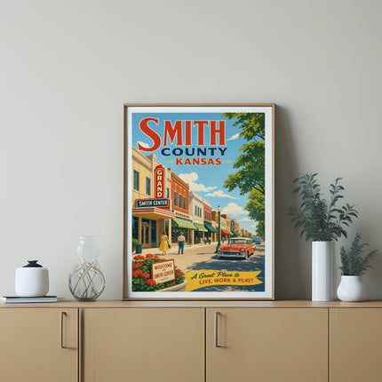 Vintage Smith County Kansas travel poster featuring Smith Center main street.