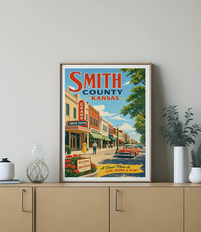 Vintage Smith County Kansas travel poster featuring Smith Center main street.