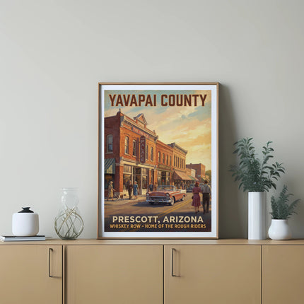 Yavapai County Prescott, Arizona Vintage poster with scene of Whiskey Row and a classic car.