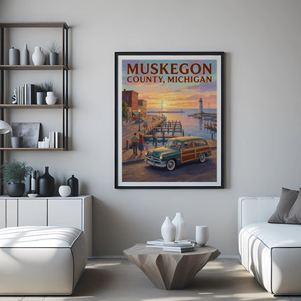 "Muskegon County, Michigan" vintage poster featuring a waterfront with a woody car and lighthouse.