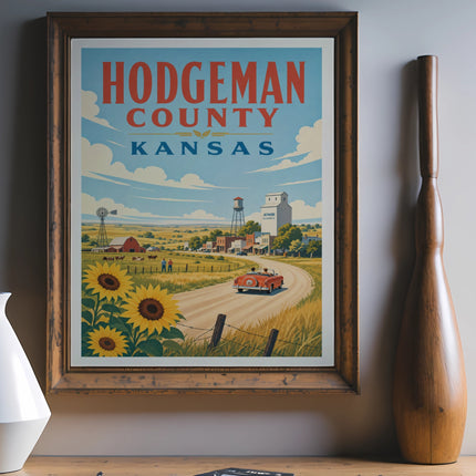 Retro poster showing Hodgeman County, Kansas, with farm scene and red car.
