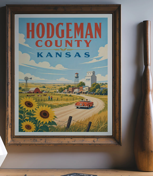 Retro poster showing Hodgeman County, Kansas, with farm scene and red car.