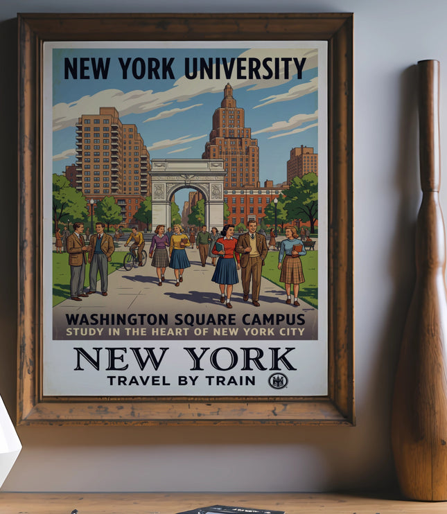 New York University Washington Square Campus travel poster featuring arch and buildings.