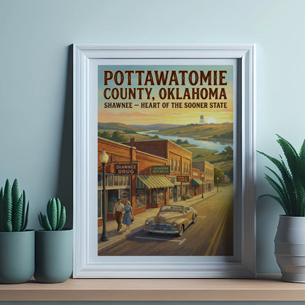 Poster for Pottawatomie County, Oklahoma, featuring a vintage Shawnee street scene.