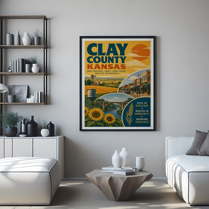 Clay County Kansas poster with sunflowers, vintage water tower, and text.