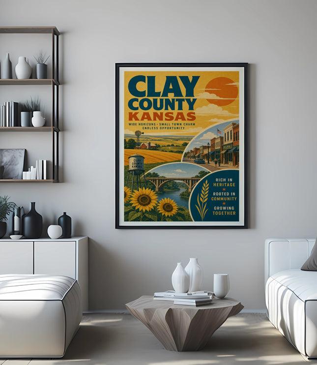 Clay County Kansas poster with sunflowers, vintage water tower, and text.