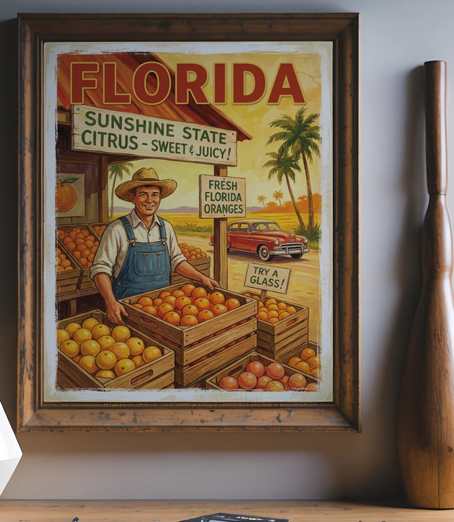 Vintage Florida citrus poster with farmer, crates of oranges, and retro car.