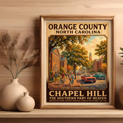 Vintage poster of Orange County, North Carolina featuring Chapel Hill.