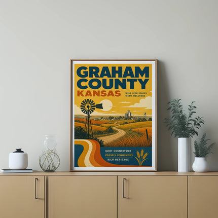Retro Graham County, Kansas travel poster with windmill, fields, and text.