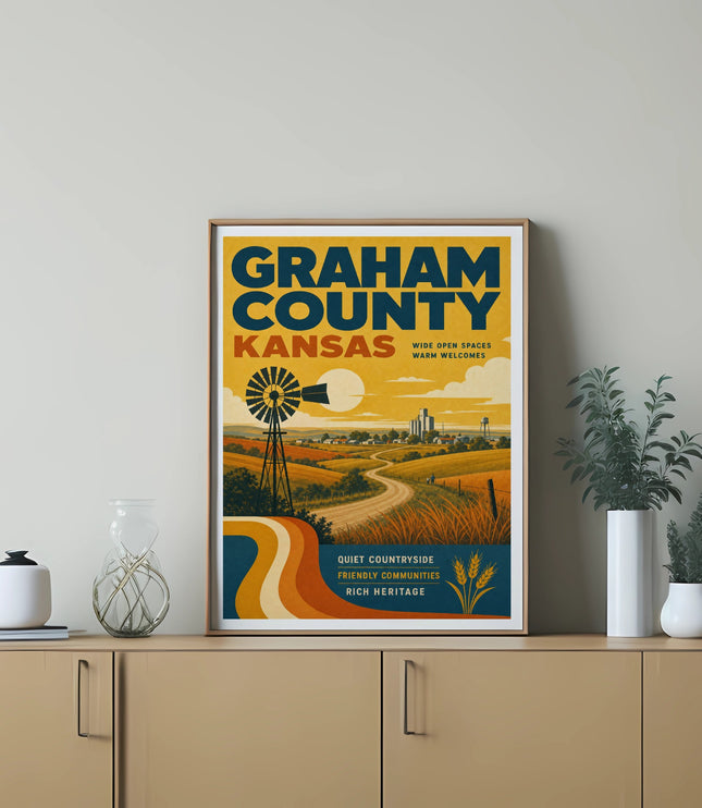 Retro Graham County, Kansas travel poster with windmill, fields, and text.