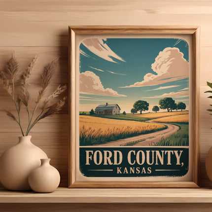 Framed artwork of Ford County, Kansas landscape with farmhouse and wheat fields.