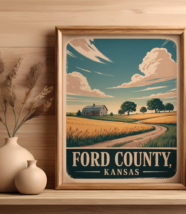 Framed artwork of Ford County, Kansas landscape with farmhouse and wheat fields.