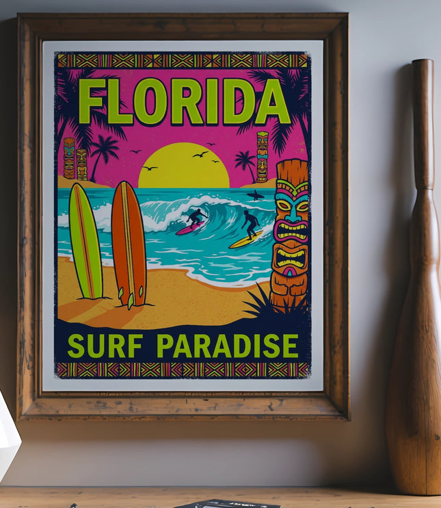 Framed Florida surf paradise poster with tiki, surfboards, and surfers.